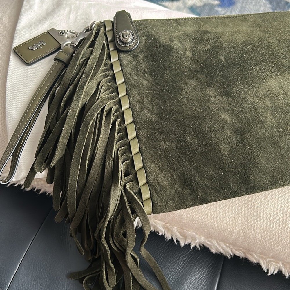 Coach Olive Green Suede Fringe Wristlet Clutch - Picture 4 of 12